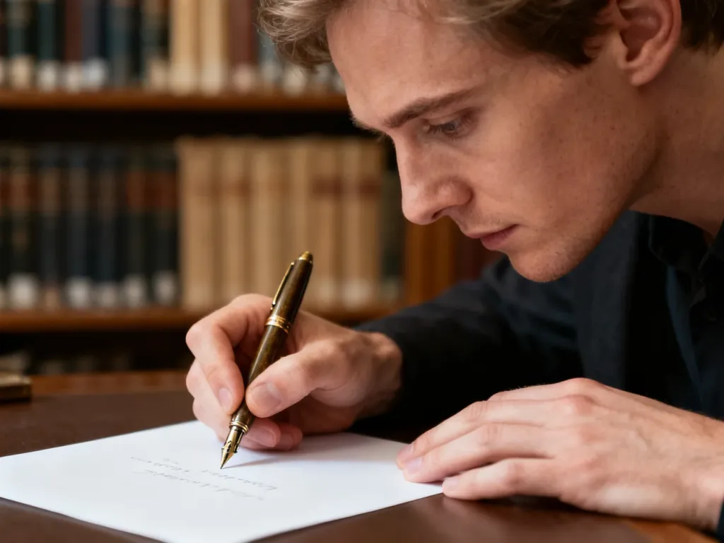 Osoba skupiona na pisaniu listu piórem wiecznym przy biurku w bibliotece, co podkreśla staranność w posługiwaniu się językiem.