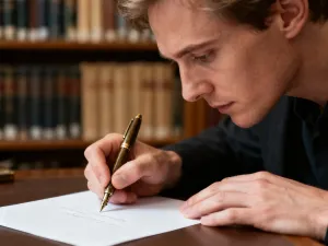 Piszący przy biurku autor zastanawiający się nad poprawnym zapisem tekstu w notatniku.
