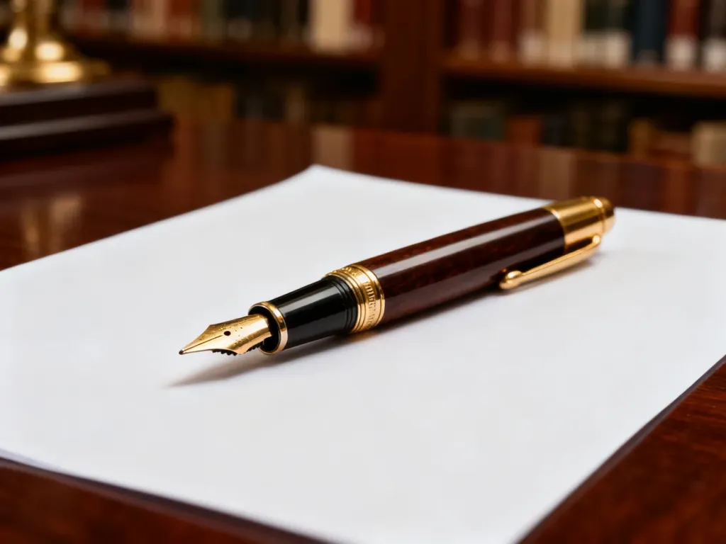 Eleganckie wieczne pióro leżące na czystej kartce papieru, nawiązujące do tematyki poprawnej pisowni i literatury.