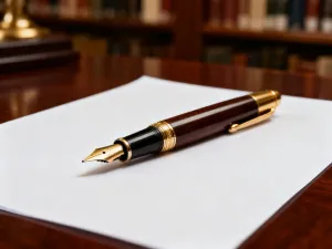 Otwarte słowniki na drewnianym biurku z piórem wiecznym, podkreślające tematykę poprawności językowej i pisowni.