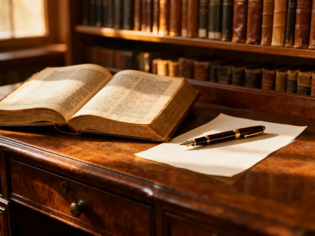 Otwarte słownik i pióro wieczne na drewnianym biurku w bibliotece, symbolizujące pracę nad poprawną pisownią słów.