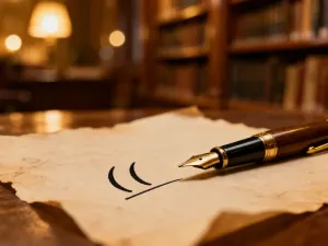 Mężczyzna przy drewnianym biurku z piórem w dłoni, zastanawiający się nad zapisaniem czystej kartki papieru.