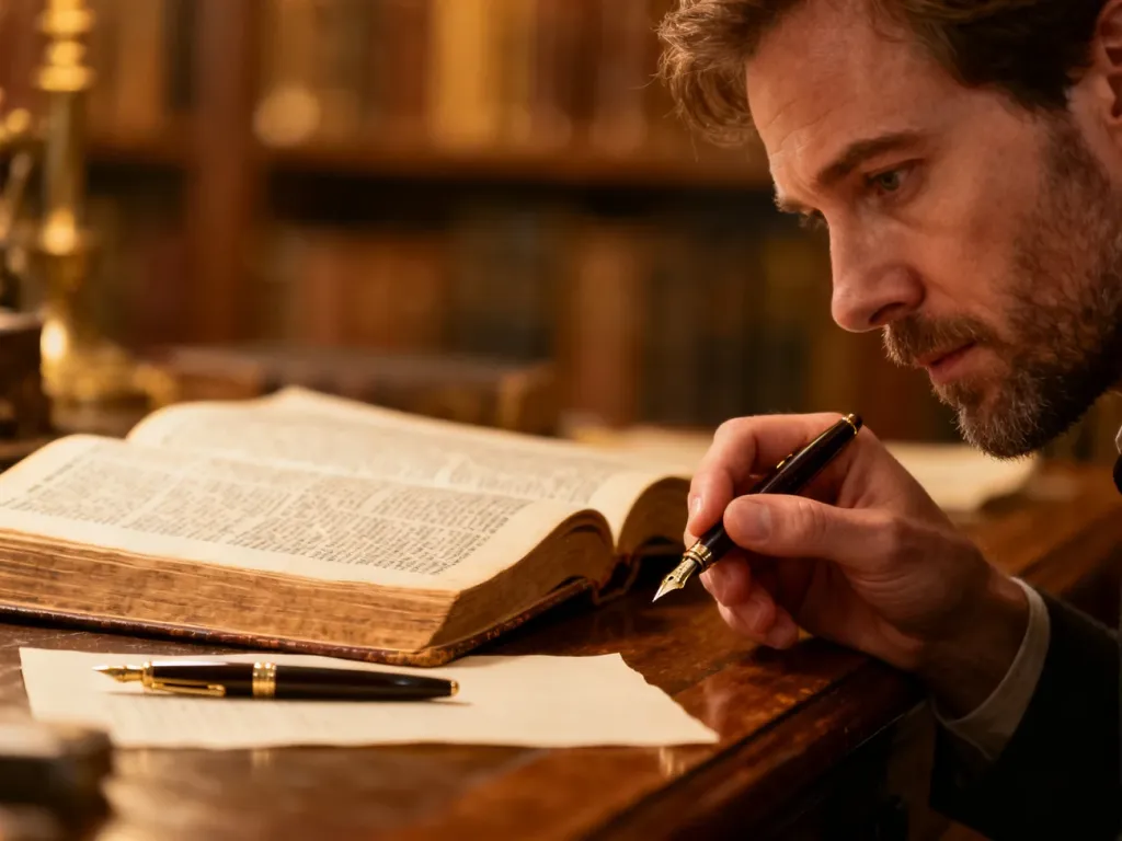 Mężczyzna z wiecznym piórem przy otwartym słowniku w przytulnej bibliotece, skupiony na pracy nad tekstem.