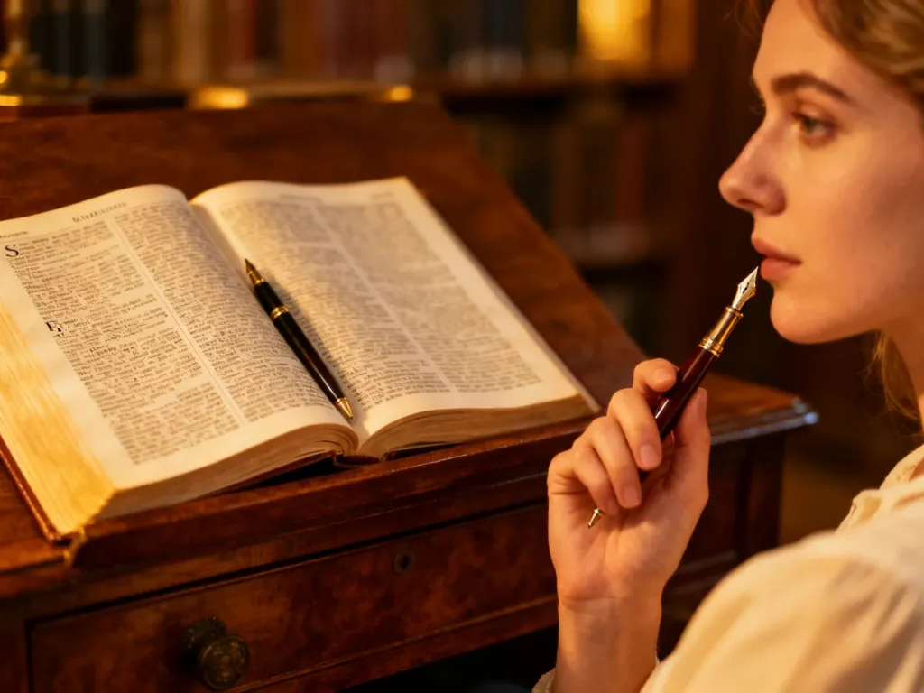 Kobieta zamyślona nad słownikiem i piórem, zastanawiająca się nad poprawną pisownią słów w przytulnej bibliotece.