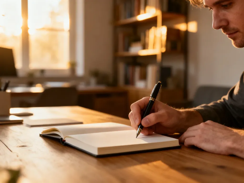 Osoba pisząca wiecznym piórem w notatniku przy minimalistycznym biurku, co podkreśla skupienie na poprawnym pisaniu.