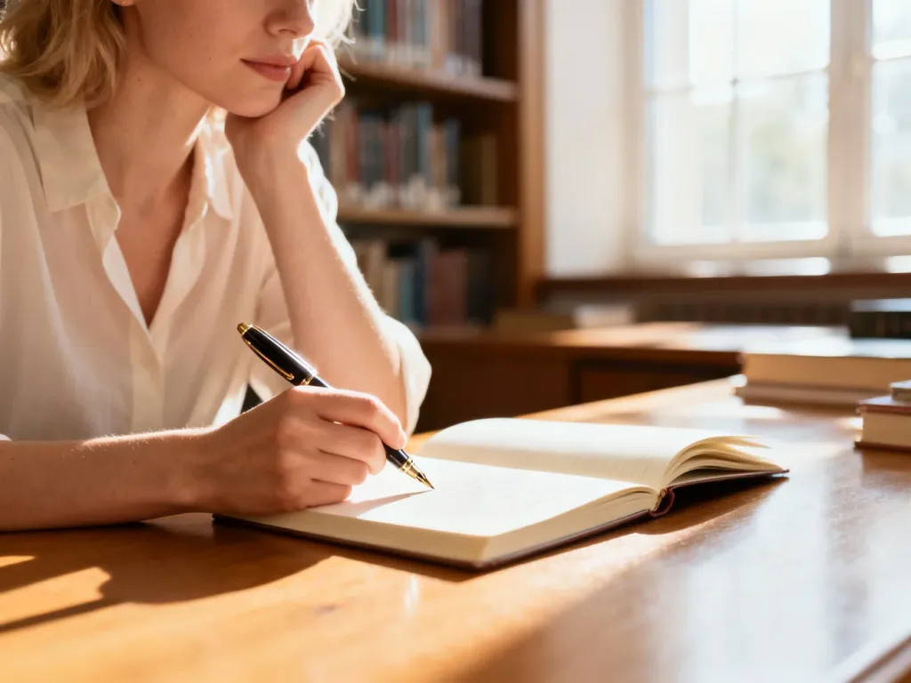 Kobieta siedząca przy biurku w bibliotece, trzymająca pióro nad otwartym notatnikiem, w otoczeniu ciepłego światła słonecznego.