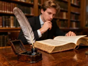 Eleganckie pióro wieczne leżące na pergaminie obok wyraźnie nakreślonego przecinka w przytulnym wnętrzu biblioteki.